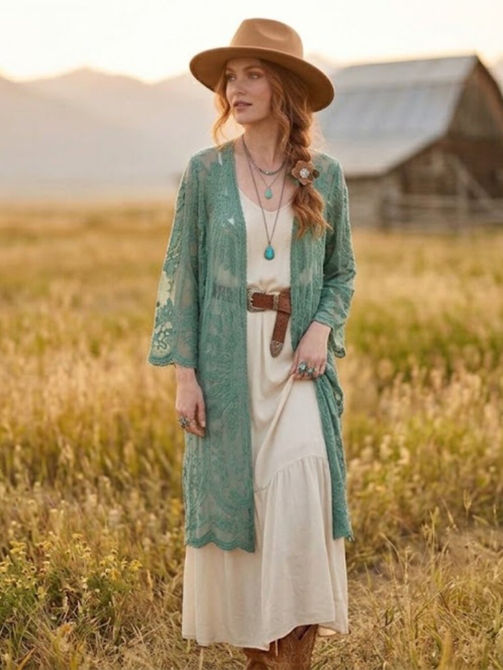 Jodifl Seafoam Green Lace Kimono Boho Western Chic Cardigan S/M Beach Cover Up